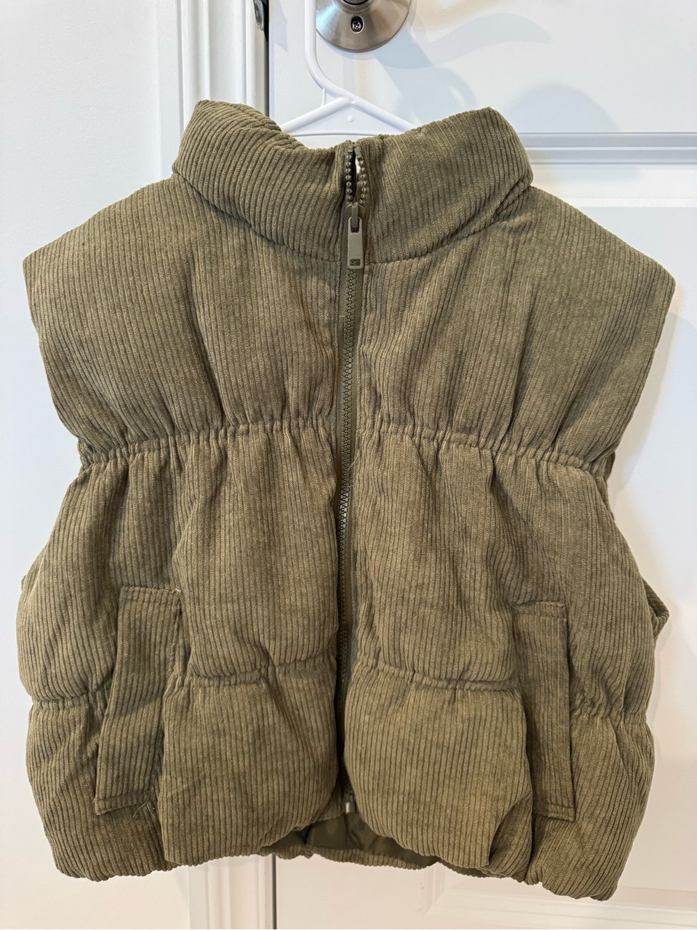 Women’s Cropped Green Corduroy Puffer Vest - SIZE LARGE